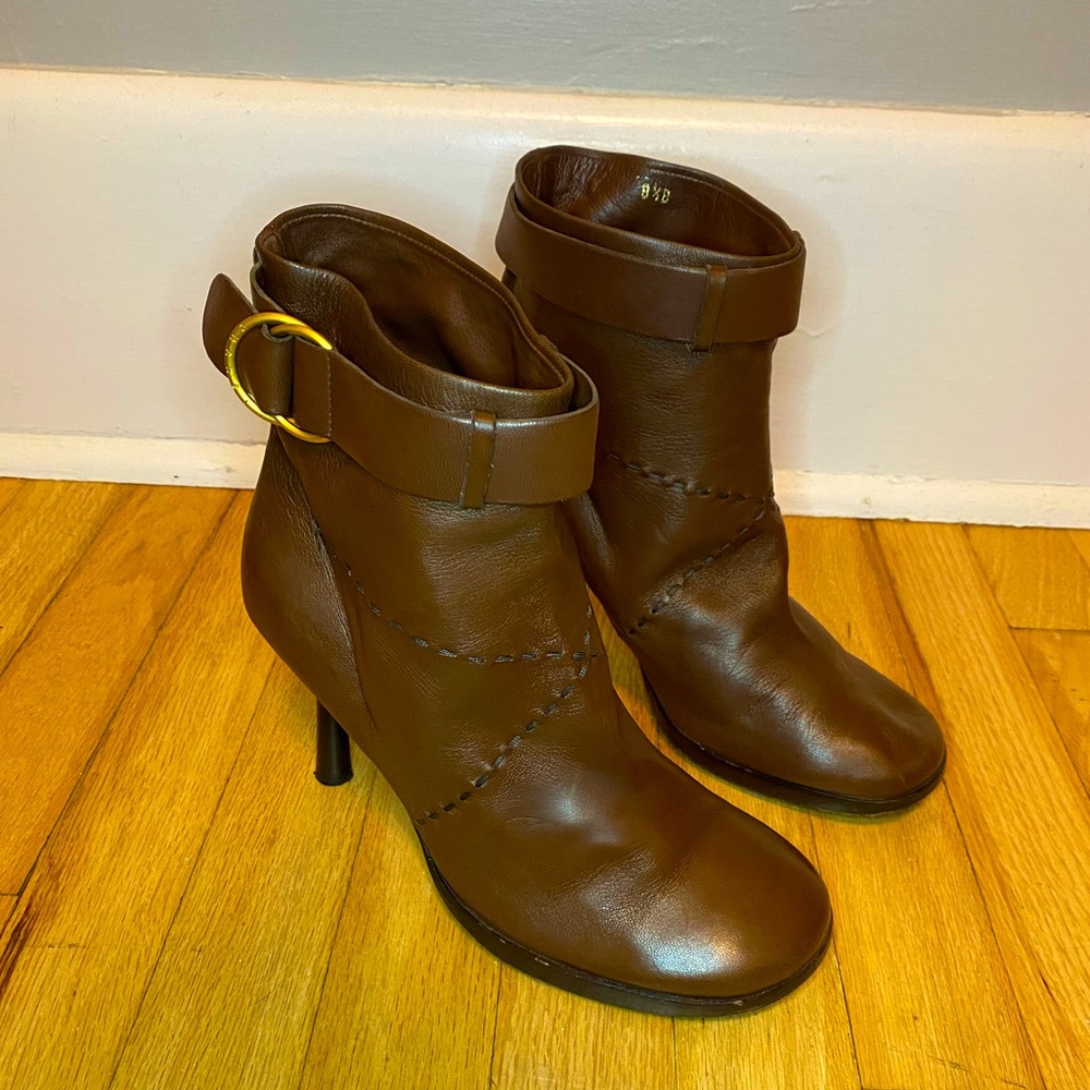 Chanel Lambskin Brown Ankle Booties with Gold Buckle